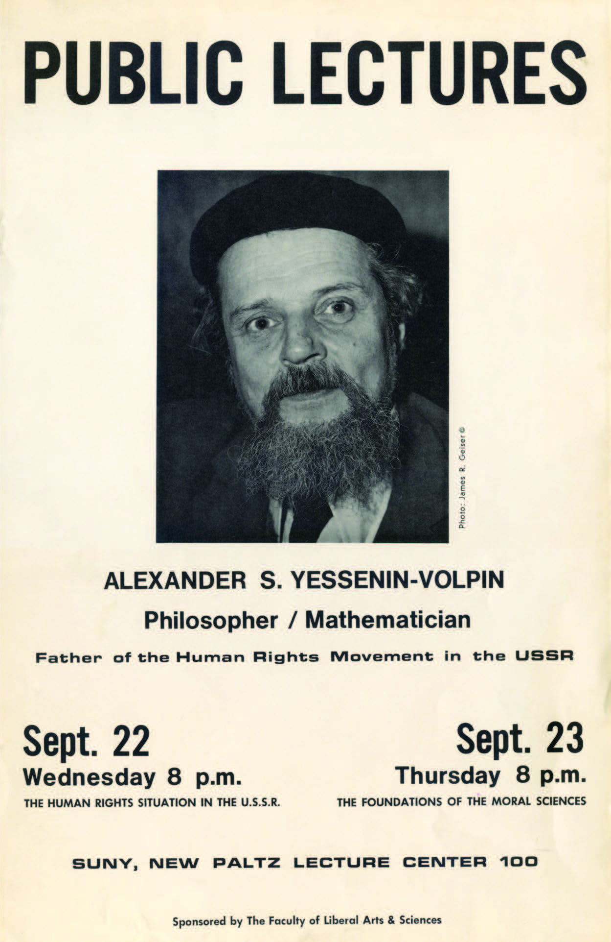 Poster for lecture by Alexander Yessenin-Volpin, 1987. Courtesy the Emily Harvey Foundation, New York.