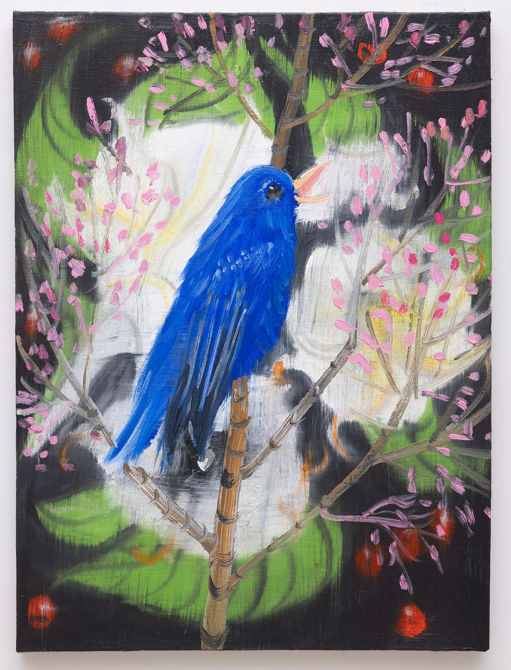 Ann Craven, Portrait of a Blue Bird (After Picabia, on Black with Silvery Light), 2022, oil on linen, 18 x 24".