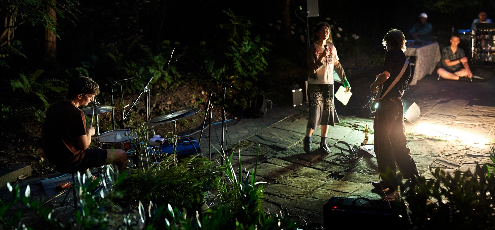 in a dark garden, a three-piece band of a guitar, drums, and a vocalist perform under a spotlight.