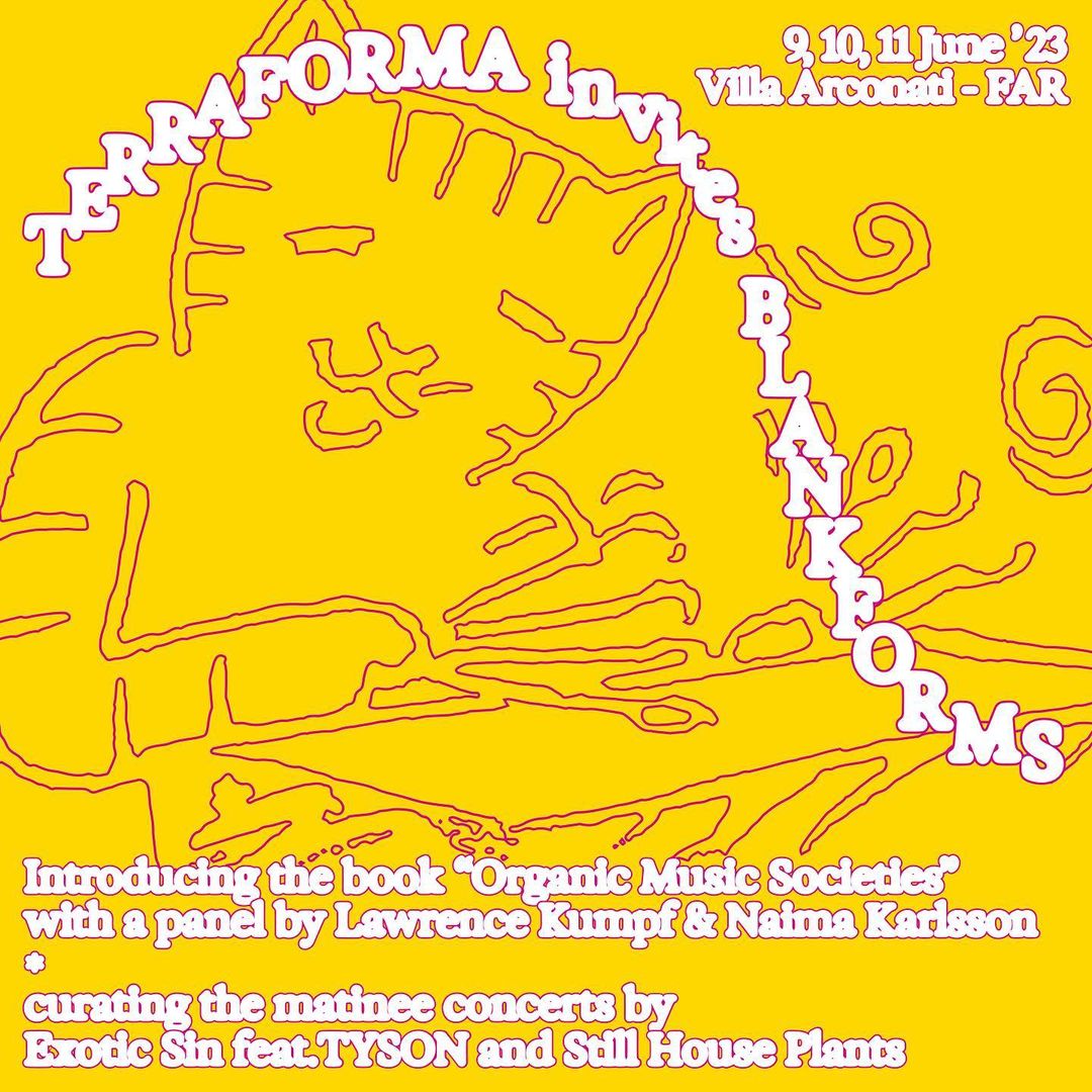 Poster for Terraforma invites Blank Forms, featuring the organization's logo on a yellow backdrop. 