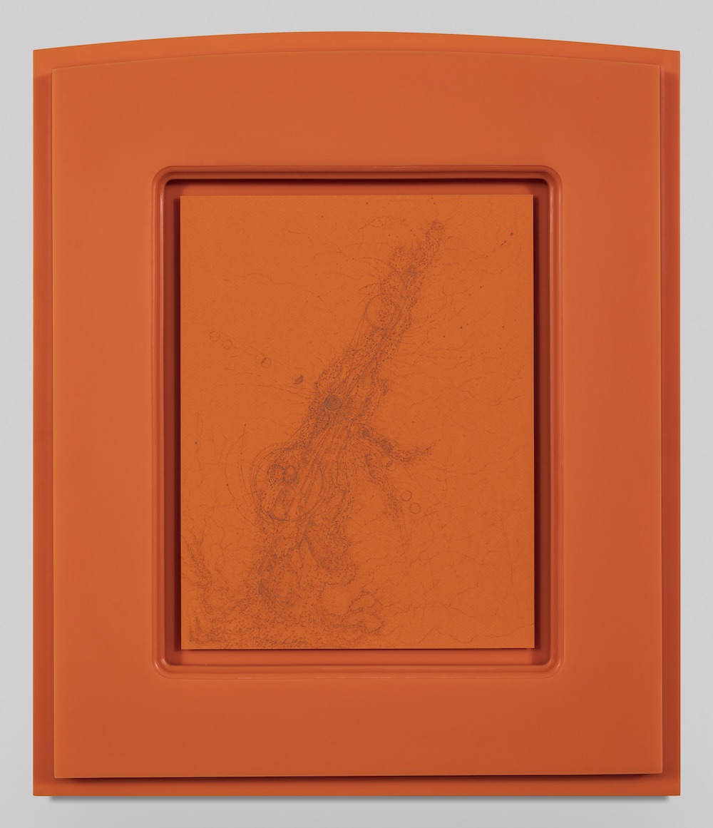 Matthew Barney, Receiver, 2019, graphite on paper in ultra high molecular weight plastic frame, 20 5/8 x 17 7/8 x 1 3/8 in framed.