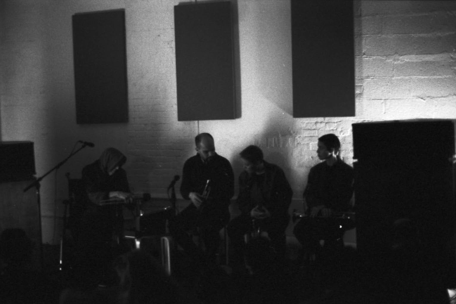 The Kamigaku Ensemble—Catherine Christer Hennix on shō; Amir ElSaffar, Ellen Arkbro, and Susana Santos Silva on trumpet; and Marcus Pal (not pictured) on electronics—perform at Blank Forms in November 2022. Photos: Austin Larkin.