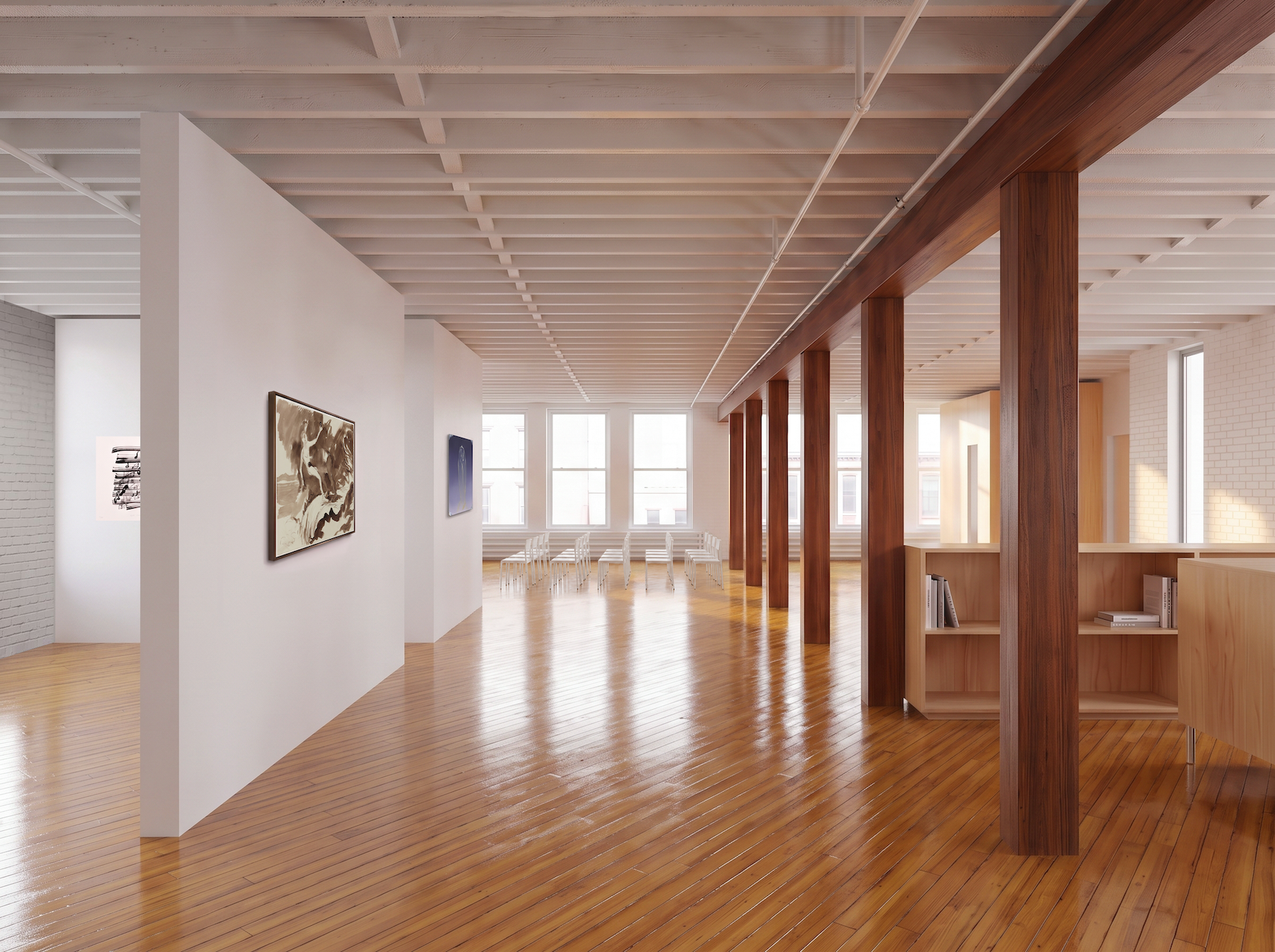 Architectural rendering of the new Blank Forms loft, featuring views of the gallery, performance space, and bookstore.