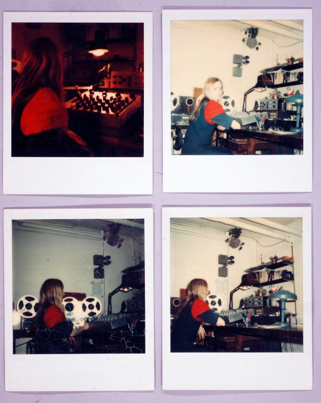 Four polaroids of Maryanne Amacher in her studio.