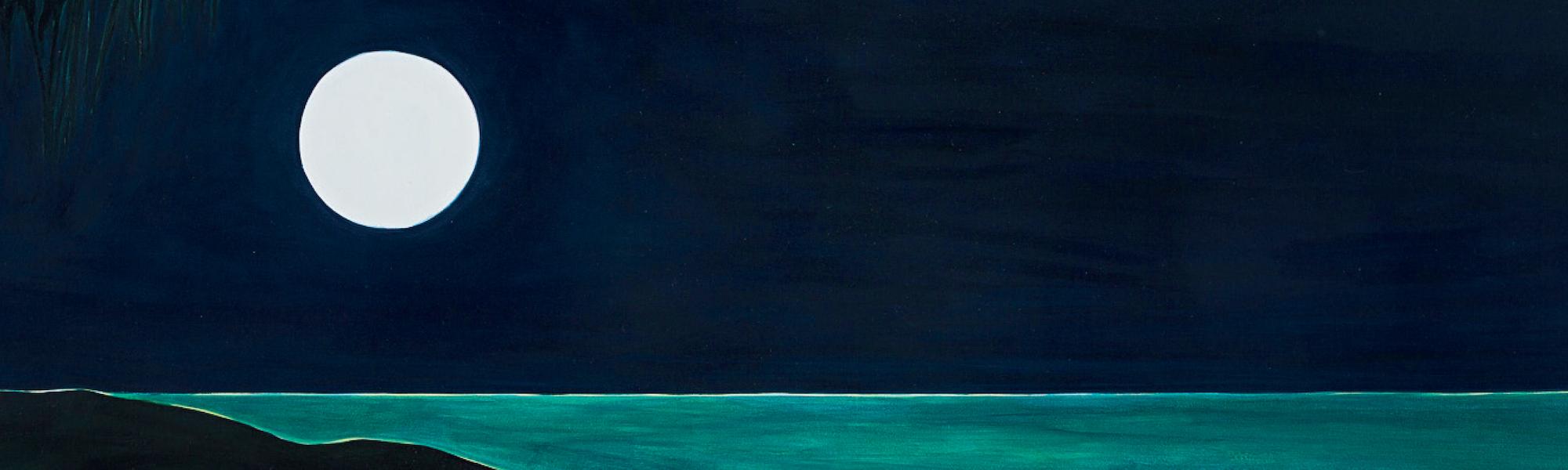 A full moon hangs over a teal sea.